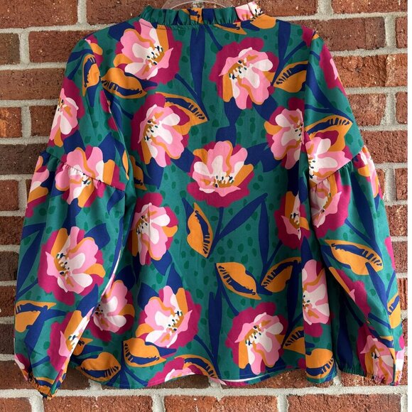 Michelle McDowell Floral Ruffle Blouse Green Pink Orange Long Sleeve M - Picture 5 of 8